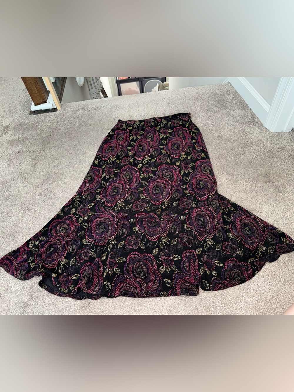 Y2K Choices Black Maxi Skirt with Pink & Purple Rose Print